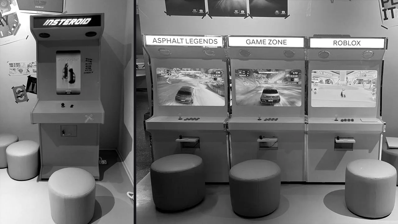 Kabinet arcade kustom Hyundai: mesin Insteroid dan deretan arcade Asphalt Legends, Game Zone, dan Roblox