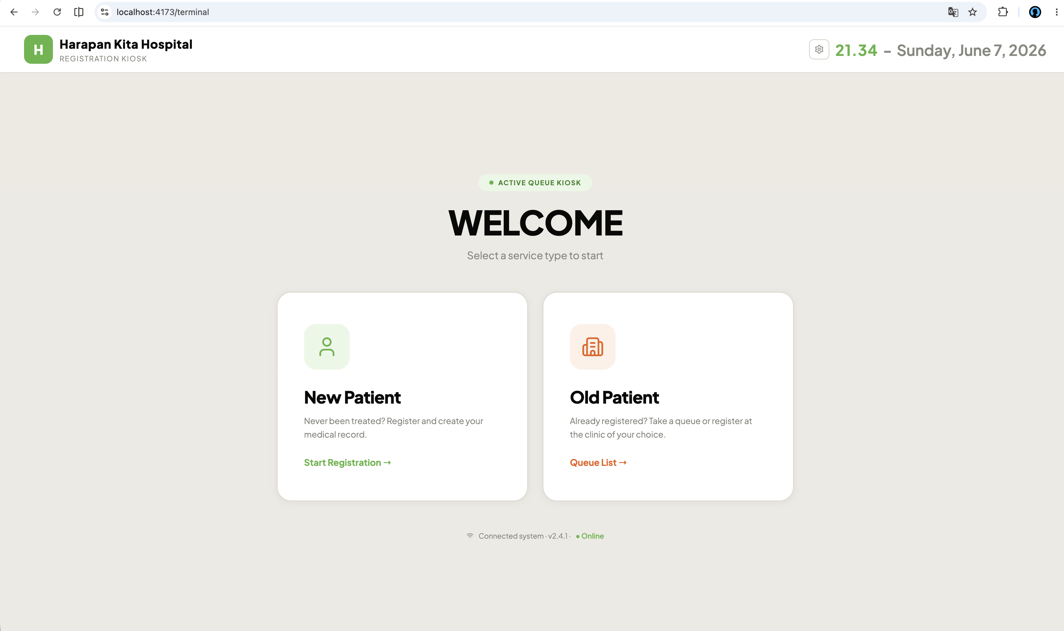 Antree registration kiosk screen — 'Harapan Kita Hospital' welcome screen with New Patient and Old Patient options, live clock and system status