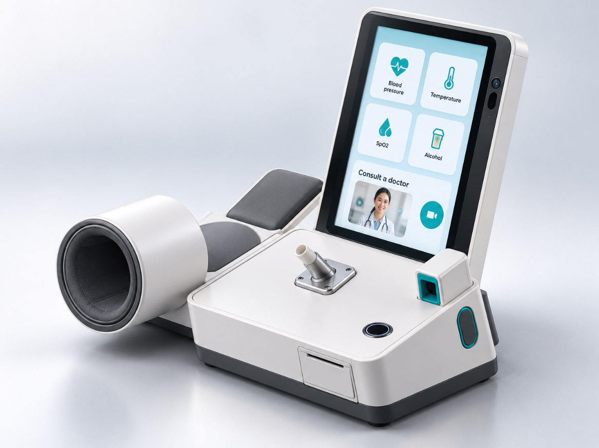 Ilustrasi konsep FitToWork Mk III Portable — konsol tabletop dengan layar 15 inci, manset tekanan darah, dan sensor terintegrasi