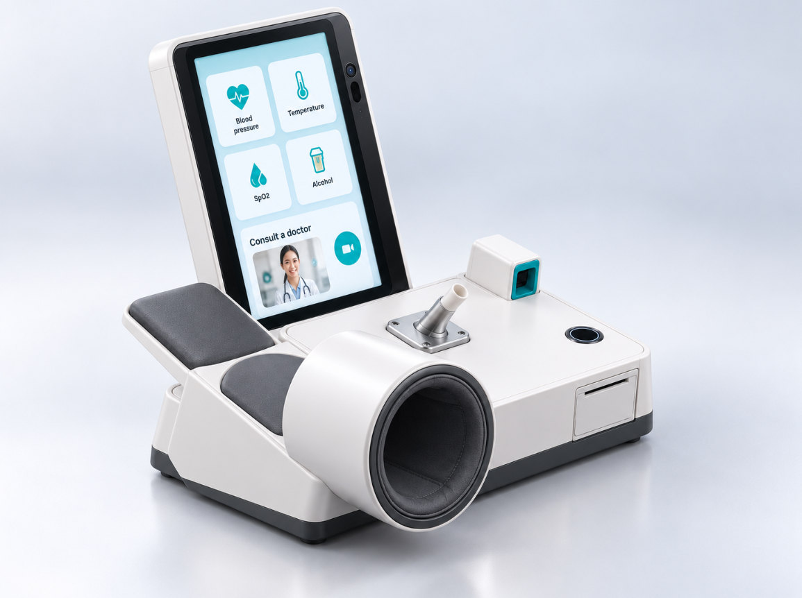 Ilustrasi konsep FitToWork Mk III Portable dari samping — sandaran lengan, manset, dan layar bersudut